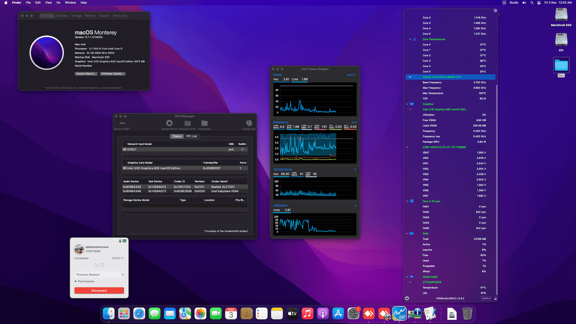 Success Hackintosh macOS Monterey 12.7.1 Build 21G920 in Gigabyte Z390 Aorus Elite + Intel Core i5 9600K